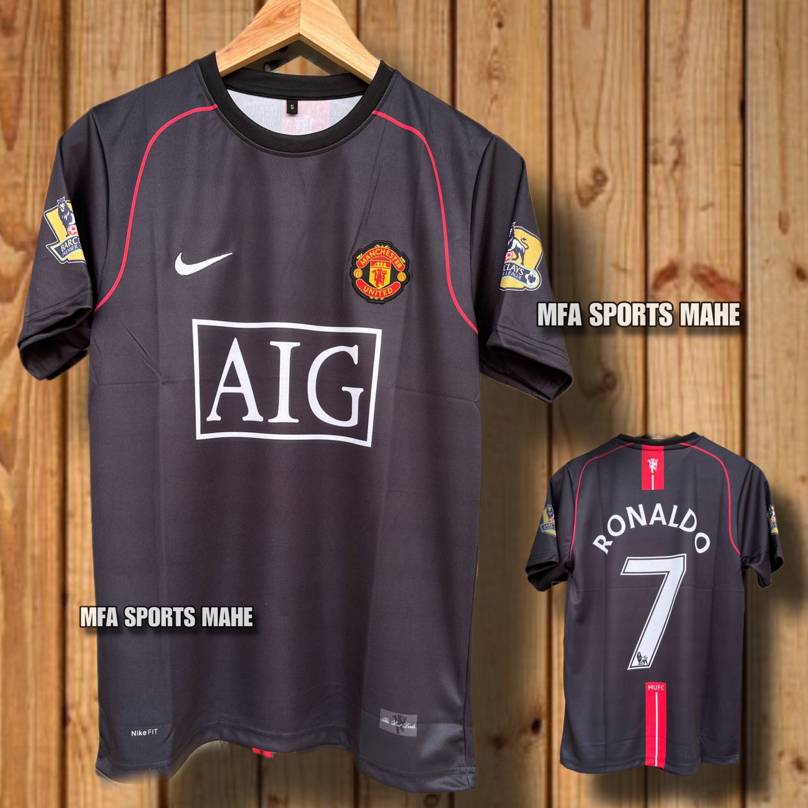 MANCHESTER UNITED AWAY 2007-08 AIG BLACK EMBROIDERY RONALDO - sports